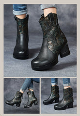 Socofy Full Grain Leather High Heel Short Boots