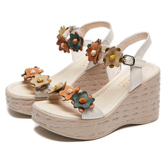 Socofy Retro Leather Flower Accent High Heel Peep Toe Platform Sandals