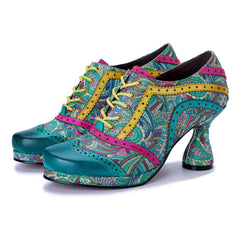 Socofy Handmade Leather Patchwork Printed High Heel Shoes