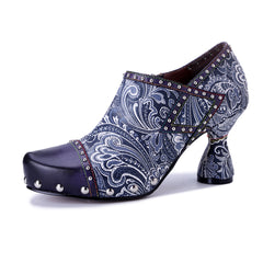 Socofy Fall Winter Handmade Leather Printed Studded High Heel Shoes