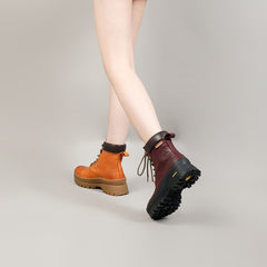 Socofy Retro Leather Thick Sole Mid Heel Martin Boots