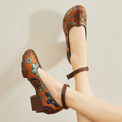 Socofy Handmade Leather Floral Ankle Strap Low Heel Shoes