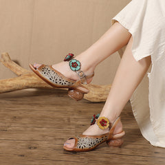 Socofy Retro Handmade Leather Floral Cutout Peep Toe Mid Heel Sandals
