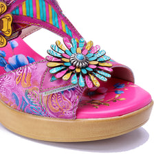Socofy Retro Handmade Leather Flower High Heel Slippers