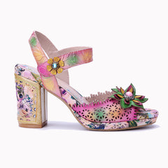 Socofy Baroque Cutout Flower High Heel Sandals