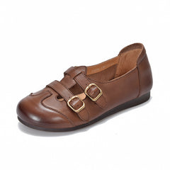 Socofy Vicconfy 2025 Summer Retro Leather Breathable Comfortable Soft Sole Casual Women's Flat Shoes
