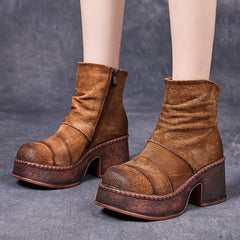 Socofy Retro Cowhide Chunky Heel Short Boots