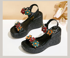 Socofy Retro Leather Flower Accent High Heel Peep Toe Platform Sandals
