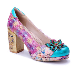 Socofy Handmade Leather Vintage Floral High Heels
