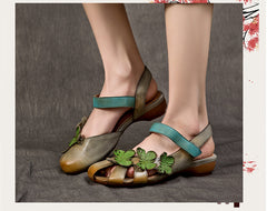 Socofy Handmade Leather Butterfly Closed Toe Low Heel Sandals