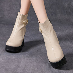 Socofy Full Grain Leather Printed Chunky Sole Short Boots