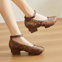 Socofy Handmade Leather Floral Ankle Strap Low Heel Shoes