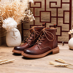 Socofy Handmade Leather Mid Heel Martin Boots