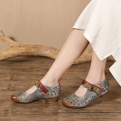 Socofy Summer Breeze Retro Handmade Leather Low Heel Flats