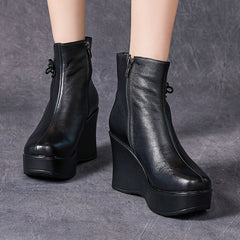 Socofy Full Grain Leather Printed Chunky Sole Short Boots