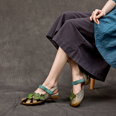 Socofy Handmade Leather Butterfly Closed Toe Low Heel Sandals