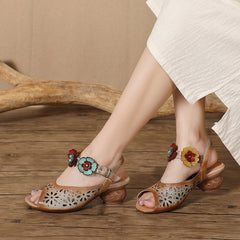 Socofy Retro Handmade Leather Floral Cutout Peep Toe Mid Heel Sandals