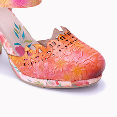 Socofy Handmade Leather Retro Carved High Heels