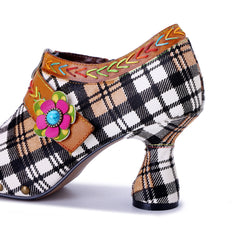 Socofy Retro Plaid Leather Handmade High Heel Shoes