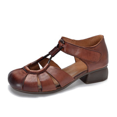 2025 Summer Genuine Leather Comfortable Soft Sole Soft Side Vintage Roman Chunky Heel Flat Sandals