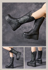 Socofy Top Grain Leather Winter Retro Floral Chunky Sole Mid Boots