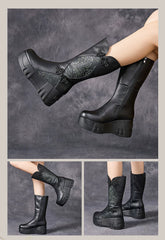 Socofy Top Grain Leather Winter Retro Floral Chunky Sole Mid Boots