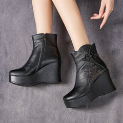 Socofy Full Grain Leather Printed Chunky Sole Short Boots