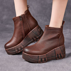 Socofy Top Grain Leather Retro Platform Short Boots