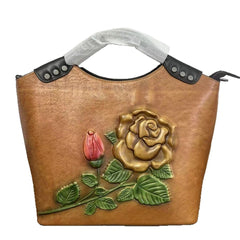 Socofy Top Grain Leather Rose Flower Crossbody Bag