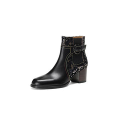 Socofy Autumn Winter Round Toe Color Block Leather Short Boots