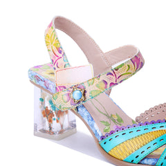 Socofy Handmade Leather Baroque Flower High Heel Sandals
