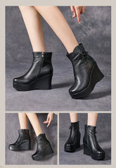 Socofy Full Grain Leather Printed Chunky Sole Short Boots