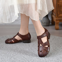 Socofy Vicconfy 2025 Summer Genuine Leather Middle Heel Soft Sole Comfortable Hollow Out Casual Vintage Roman Sandals