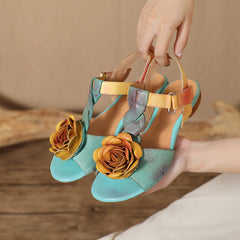 Socofy Vintage Handmade Leather Floral Cutout Peep Toe Low Heel Sandals