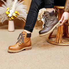 Socofy Classic Leather Mid Heel Short Martin Boots