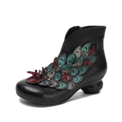 Socofy Handcrafted Leather Peacock Design Floral Mid Heel Boots
