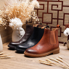 Socofy Fall Winter Genuine Leather Mid Heel Chelsea Boots