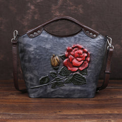 Socofy Top Grain Leather Rose Flower Crossbody Bag