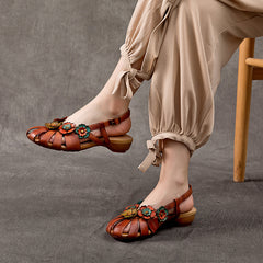 Socofy Handmade Leather Floral Closed Toe Low Heel Sandals