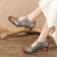 Socofy Vintage Handmade Leather Floral Carved Hollow Mid Heel Shoes