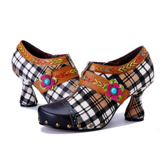 Socofy Retro Plaid Leather Handmade High Heel Shoes