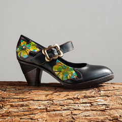 Socofy Vintage Cowhide Handmade Mid Heels