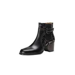 Socofy Autumn Winter Round Toe Color Block Leather Short Boots