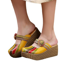 Socofy Vintage Cowhide Leather Platform Slippers