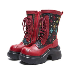 Socofy Full Grain Leather Retro Floral Thick Sole Short Boots