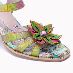Socofy Summer Handmade Leather Vintage Flower High Heel Sandals