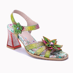 Socofy Summer Handmade Leather Vintage Flower High Heel Sandals