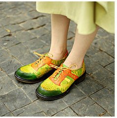 Socofy genuine leather retro printed lace-up casual round toe thick heel women's leather flat shoes