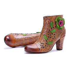 Socofy Handmade Leather Retro Print Side Zip Chunky Heel Boots