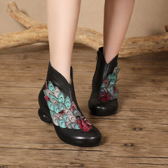 Socofy Handcrafted Leather Peacock Design Floral Mid Heel Boots